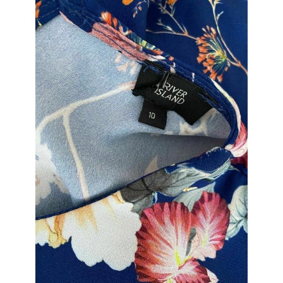 River Island Navy Blue Floral Long Sleeve Dress Size 10 Neck Hollow Bow Tie Back - Picture 9 of 9